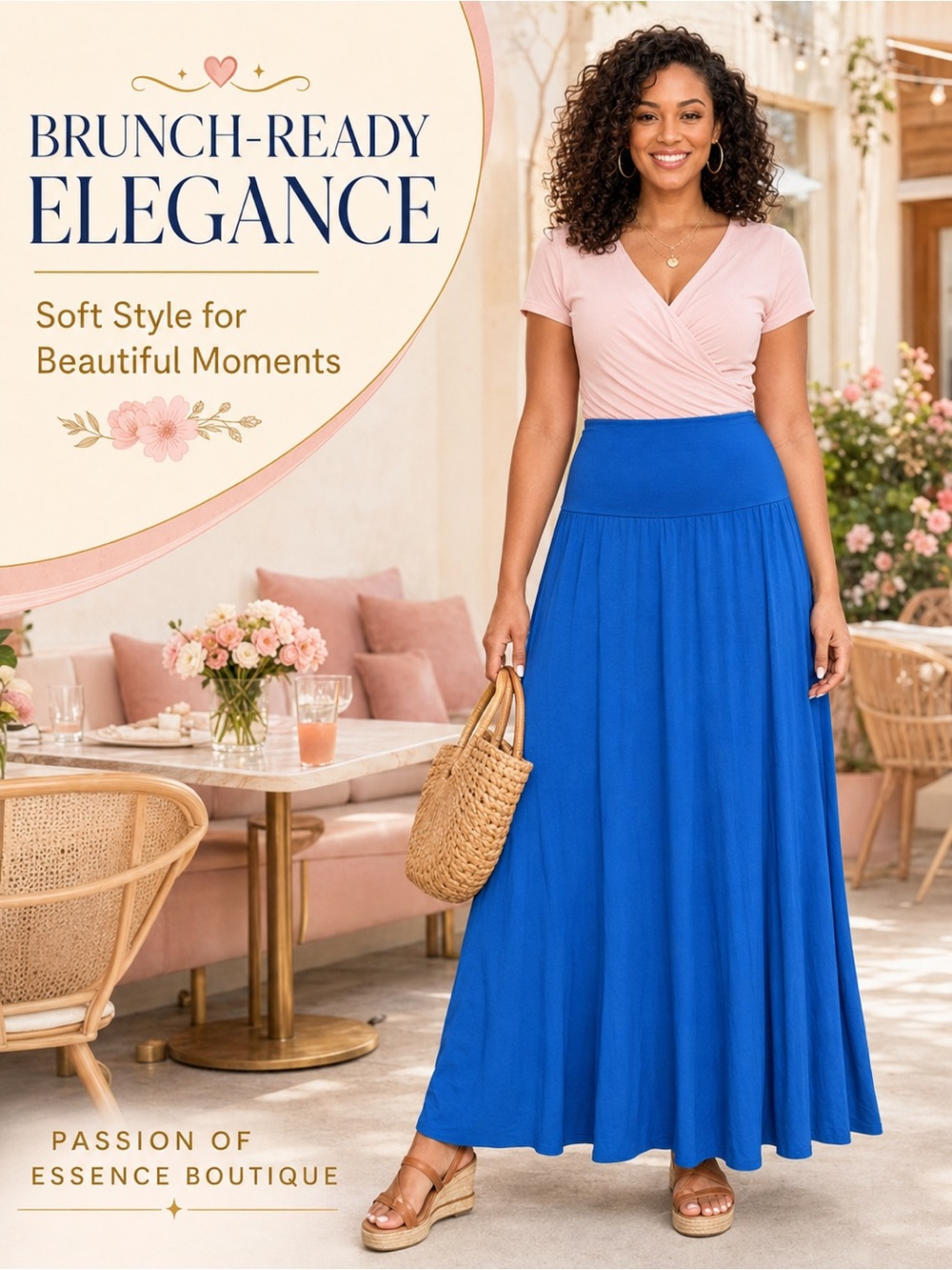 Royal Blue Fold-Over Waist Flowy A-Line Maxi Skirt - Picture 3 of 15